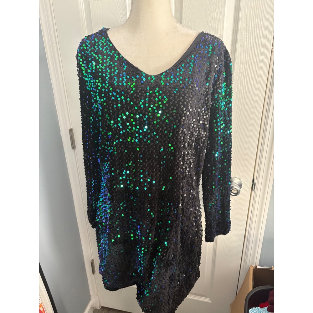 Aieniju Women Sparkle Sequin‎ Long Sleeve V Neck Mini Dress Size S